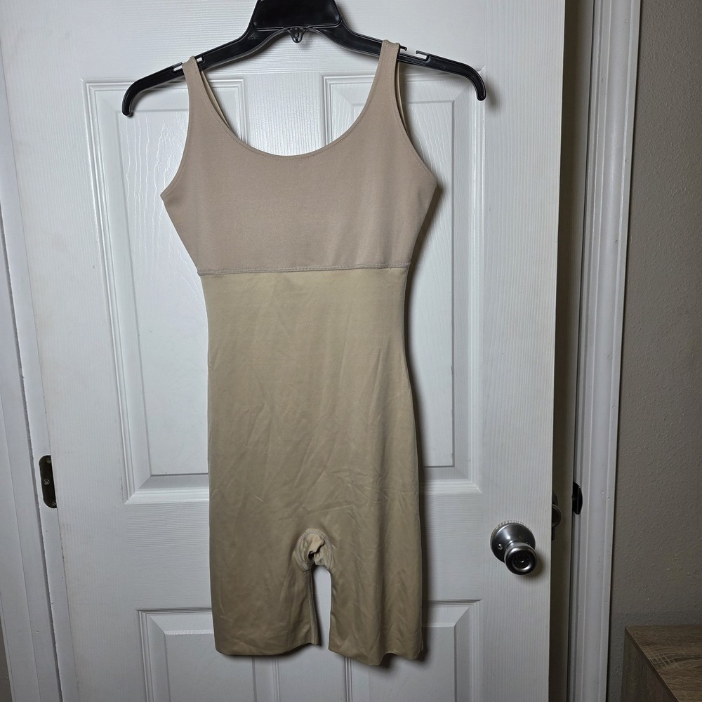 Spanx sz L mid thigh bodysuit shapewear beige compression undergarment one piece
